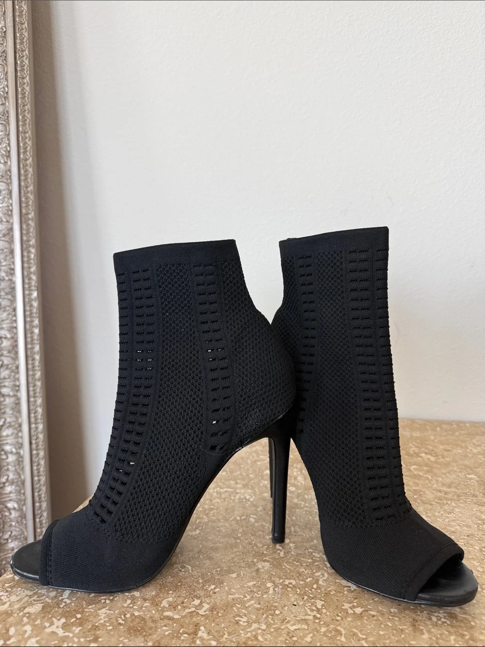 Steve Madden Black Knit Peep-Toe Stiletto Booties
